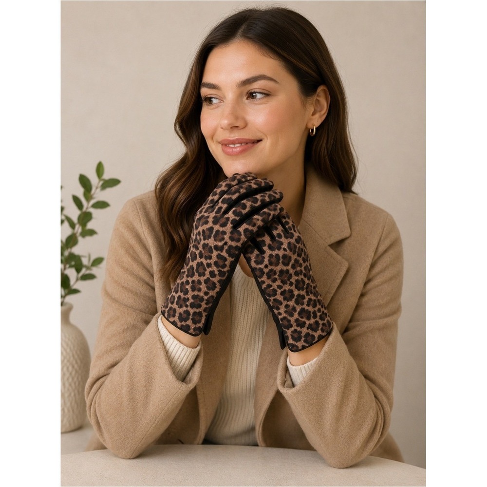 Charter Club Womens Leopard Print Leather Tech Gloves Cashmere Blend Lining L